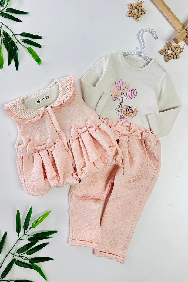 My Little One's Cicileri Jacquard Bow Detailed Inflatable Vest Set Girl Baby Doll Set of 3 - Salmon