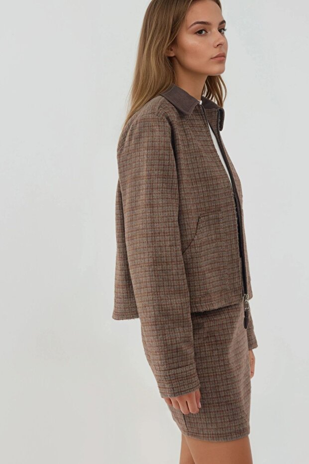 Suede Collar Detailed Plaid Patterned Wool Blend Jacket - 2