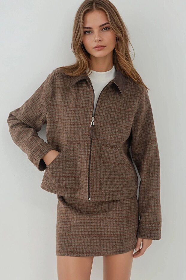 Suede Collar Detailed Plaid Patterned Wool Blend Jacket - 6