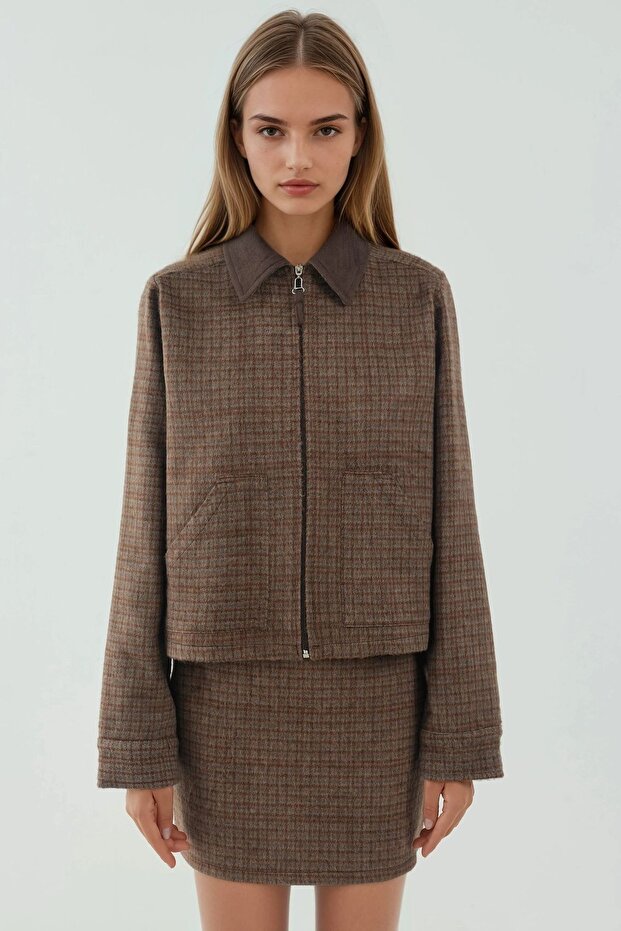 Suede Collar Detailed Plaid Patterned Wool Blend Jacket - 4