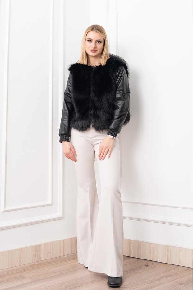 Women's Winter Black Coat Urban Luxe Leather Sleeves Plush Coat Stylish Daily Comfortable 2606