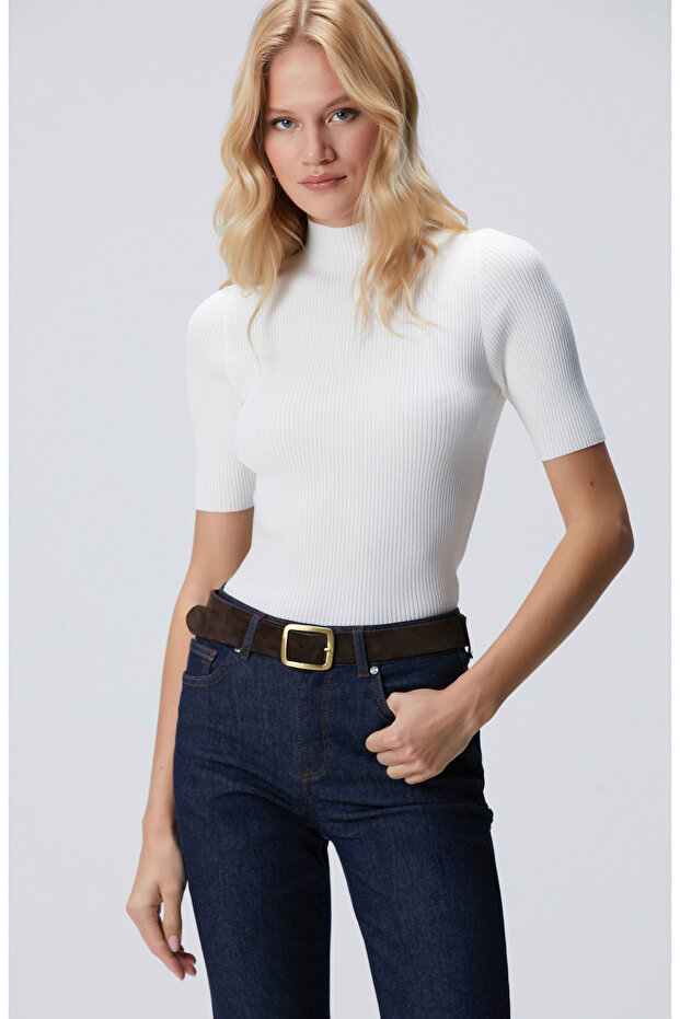 Kırık Beyaz Örgülü Dik Yaka Rayon Basic Kazak - 4