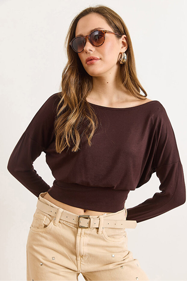 Women's Brown Waistband Batwing Soft Textured Blouse Blz-19003171