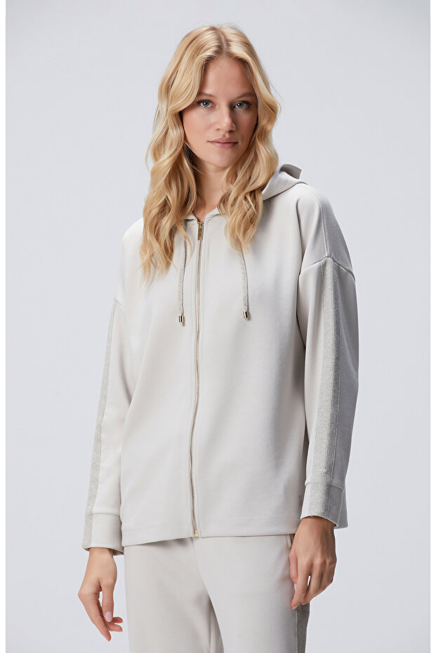 Bej Kapüşonlu Triko Garnili Sweatshirt - 4