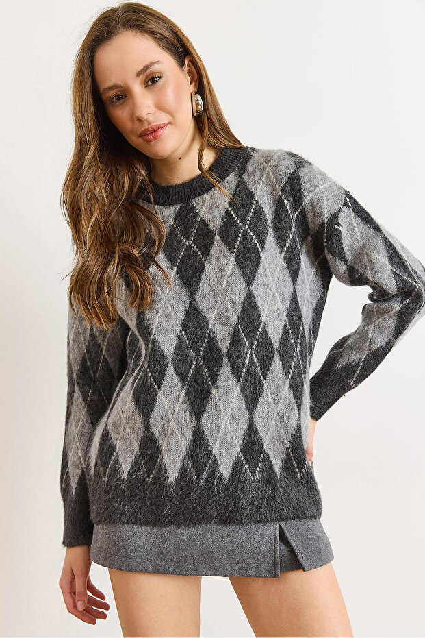 Women's Gray Baklava Pattern Fleece-Lined Thick Knitwear Sweater Kzk-19001075
