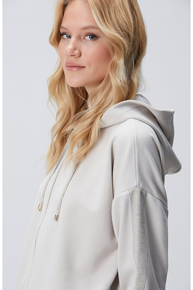 Bej Kapüşonlu Triko Garnili Sweatshirt - 2