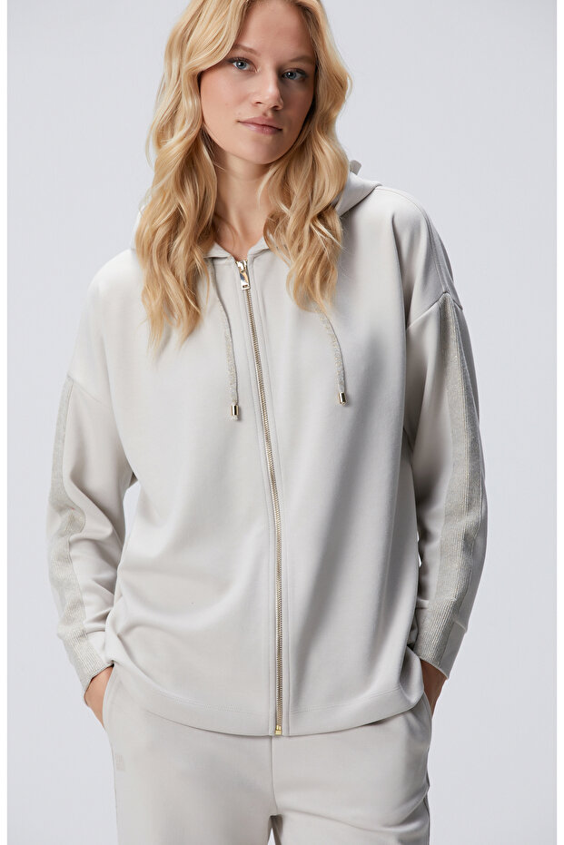 Bej Kapüşonlu Triko Garnili Sweatshirt - 1