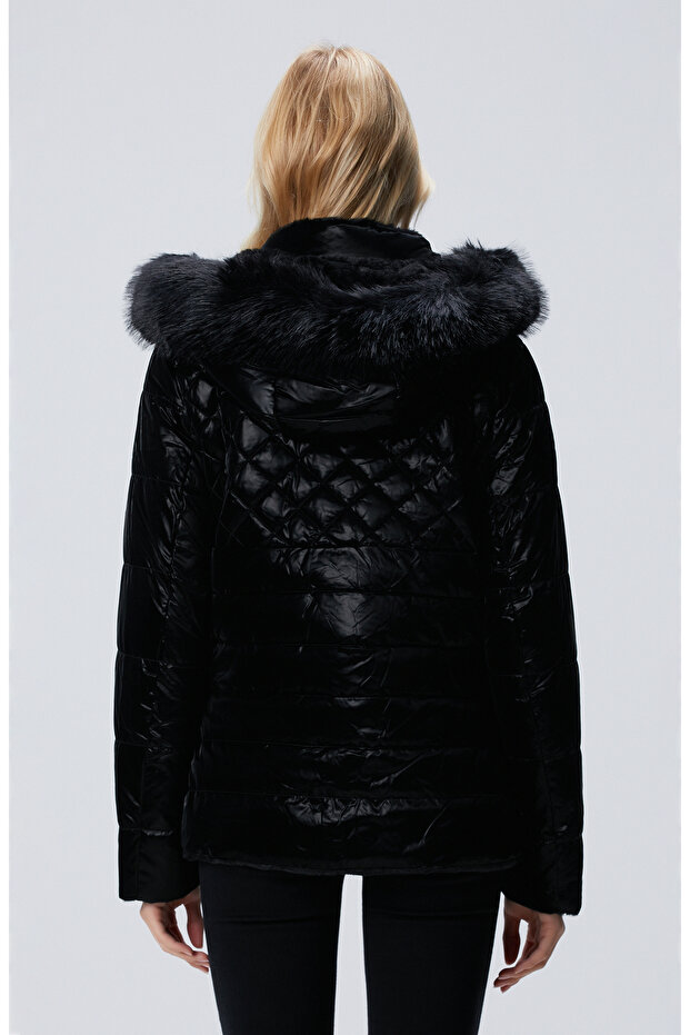 Siyah Çift Taraflı Kapüşonlu Mont - 5