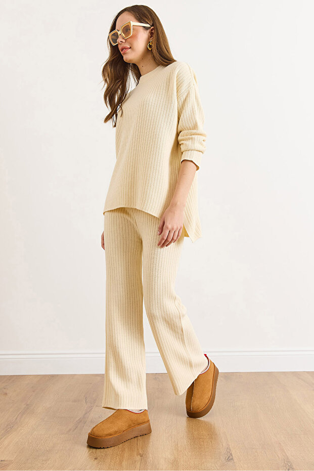 Women's Cream Thick Corded Fabric Bottom Top Basic Knitwear Set Tkm-19000463