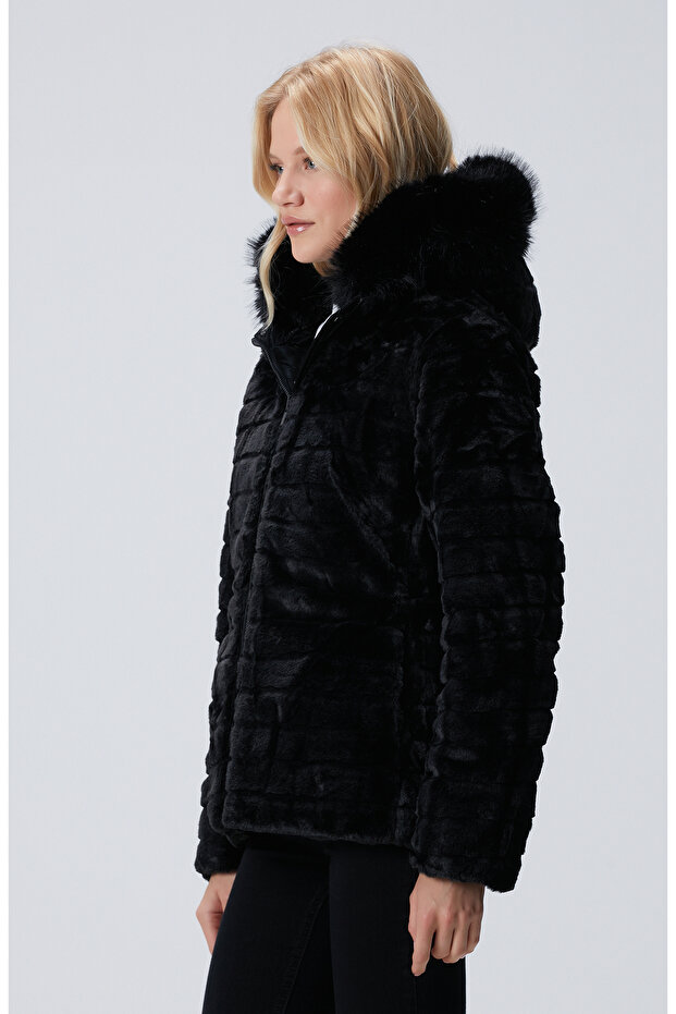 Siyah Çift Taraflı Kapüşonlu Mont - 4