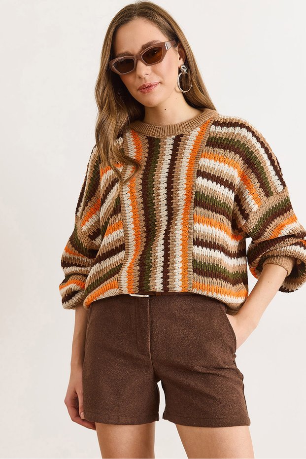 Women's Camel Crew Neck Color Detailed Batwing Knitwear Sweater Kzk-19001073
