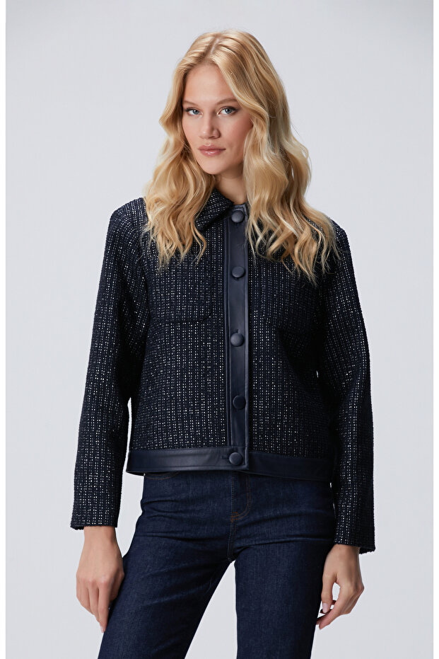Lacivert Kısa Tweed Ceket - 1