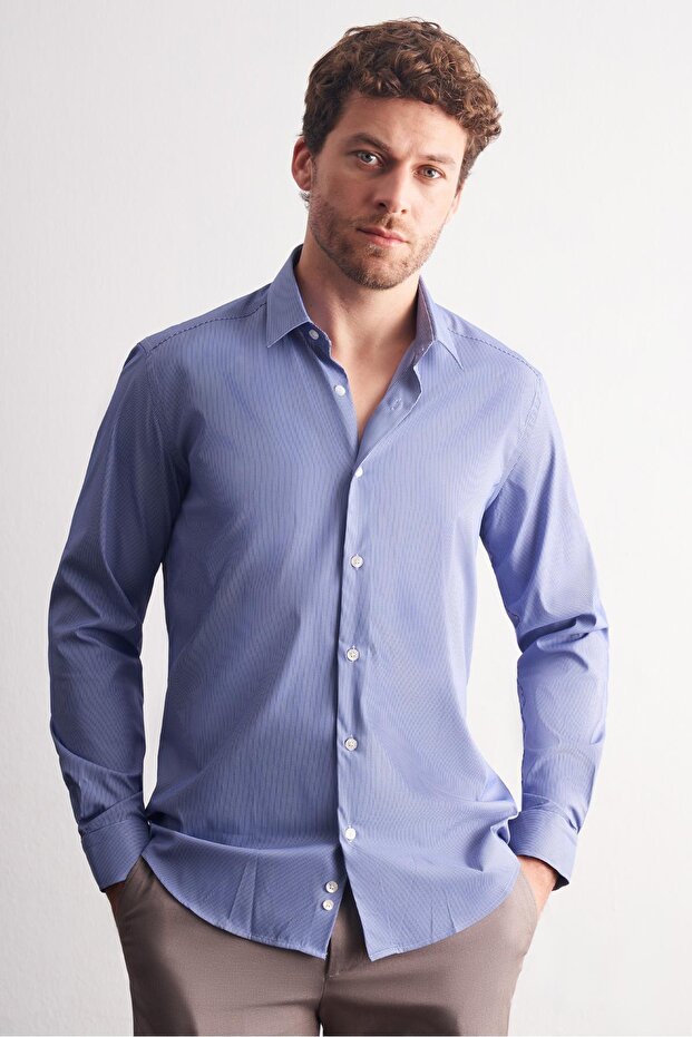 Indigo-White Hard Collar Striped Pattern Long Sleeve Slim Fit Flexible Shirt 1004255176