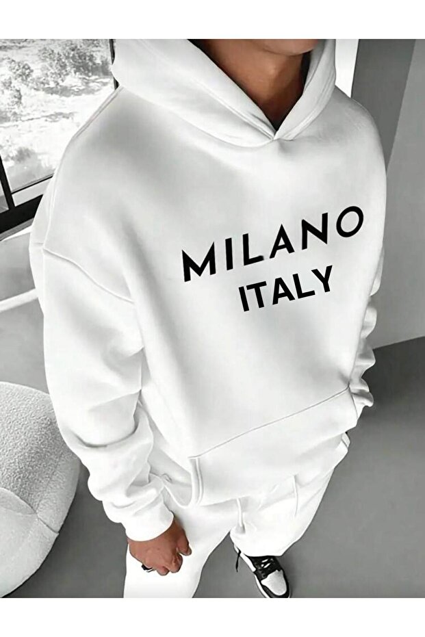 Milano Printed White Hooded Kangaroo Pocket Sweatshirt Hodie