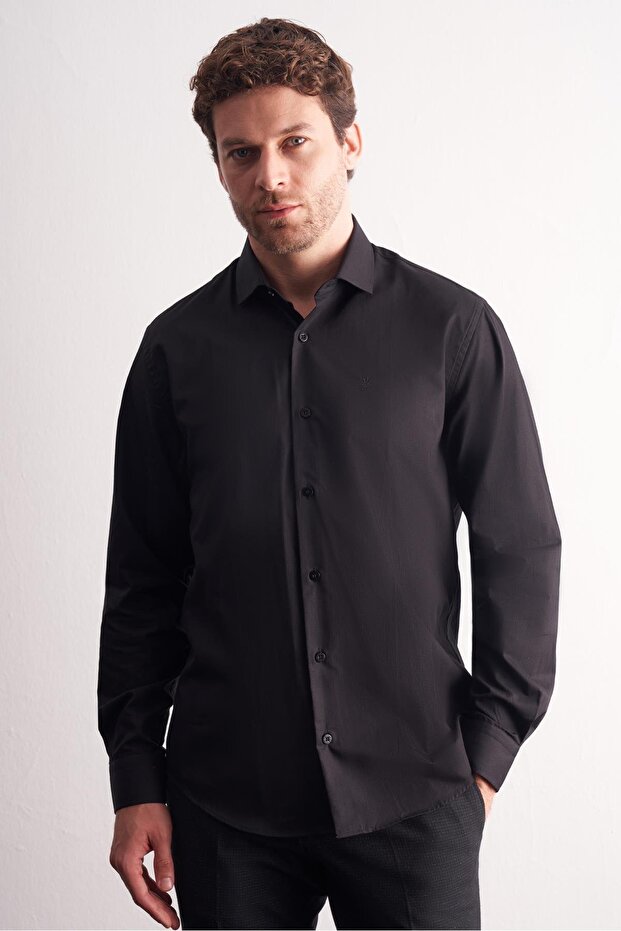 Black Half Italian Collar Long Sleeve Premium S Slim Fit 100% Cotton Shirt 1004255196