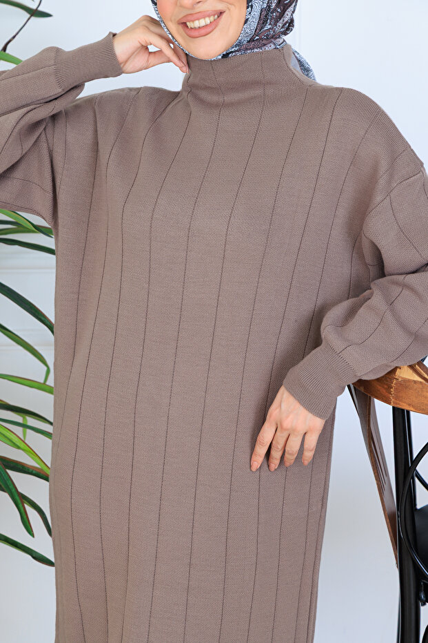 Fitilli Triko Elbise N7085 Vizon - 4