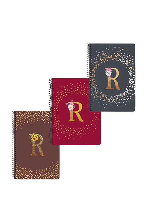 (Pack of 3) A5 Spiral Notebook Memo Notepad Custom Monogram Initial Floral Pattern Alphabet - R - 1