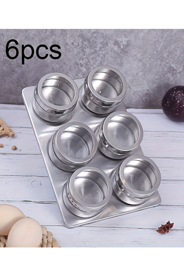 6 pcs Stainless Steel Magnetic Spice Jars, Includes Base, Transparent Lid, Sieve, and Magnetic Shelf
