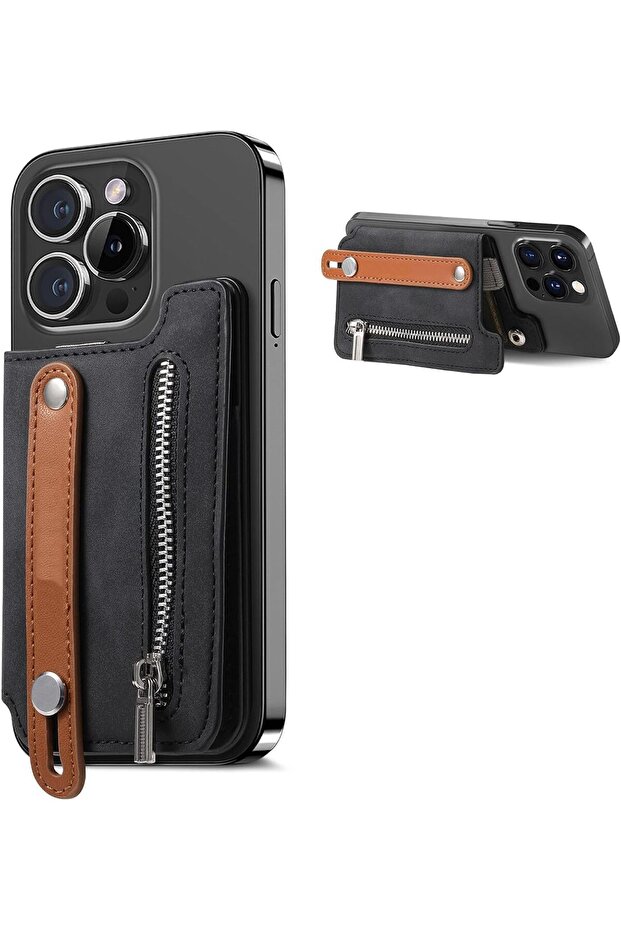 Magnetic Wallet - Black Leather Card Holder, Slim RFID Wallet for iPhone Series