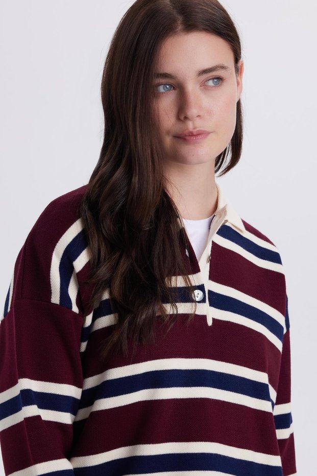 Women's regular fit classic cut striped polo neck burgundy sweater