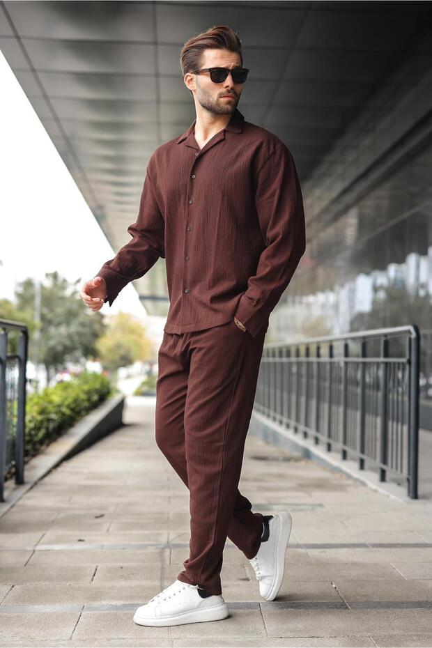 Brown Buttoned Basic Men's Shirt Pants Set E7335 - 1