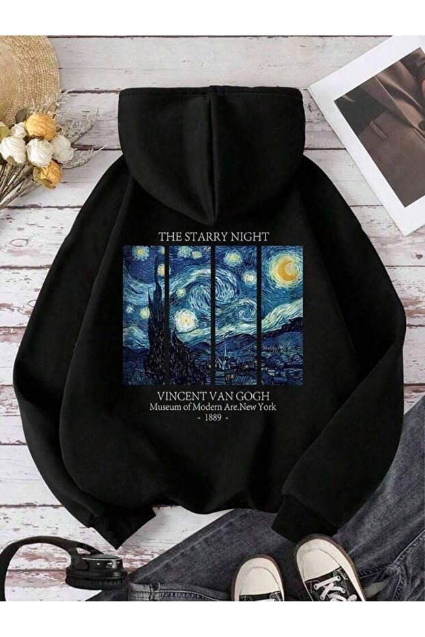 Unisex Van Gogh Backpack Printed Hooded Oversized Black Sweatshirt with Kangaroo Pocket