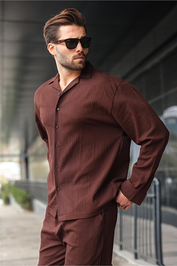 Brown Buttoned Basic Men's Shirt Pants Set E7335 - 4