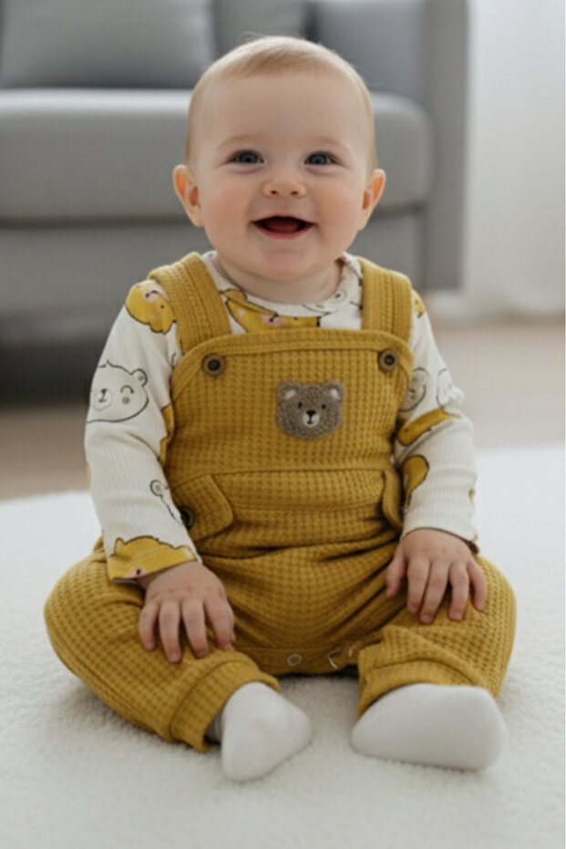 Cotton Teddy Bear Motif Waffle Fabric Baby Boy 3-Piece Romper 3 Months, 6 Months, 9 Months