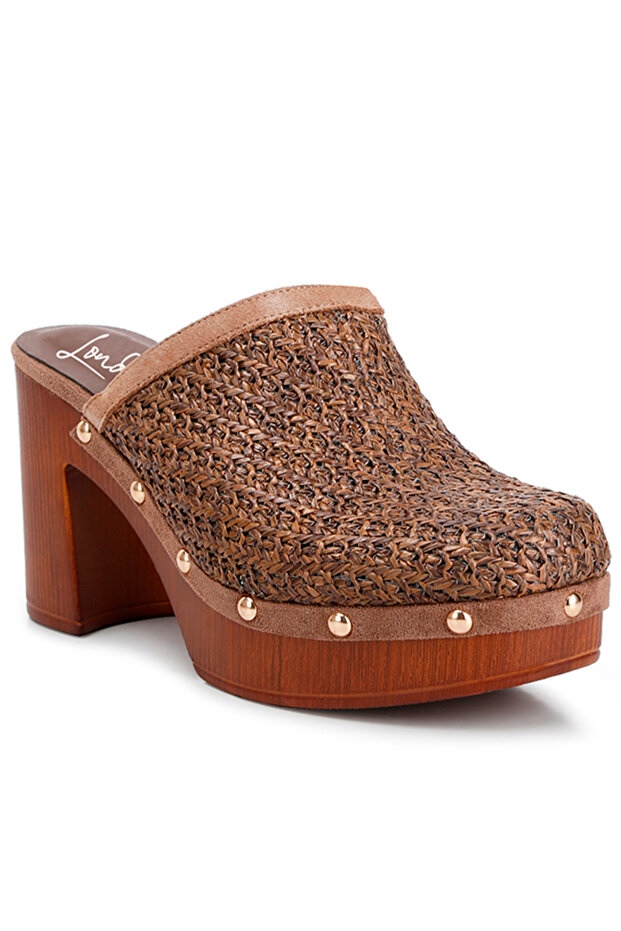 Women Raffia Platform Clogs in Brown