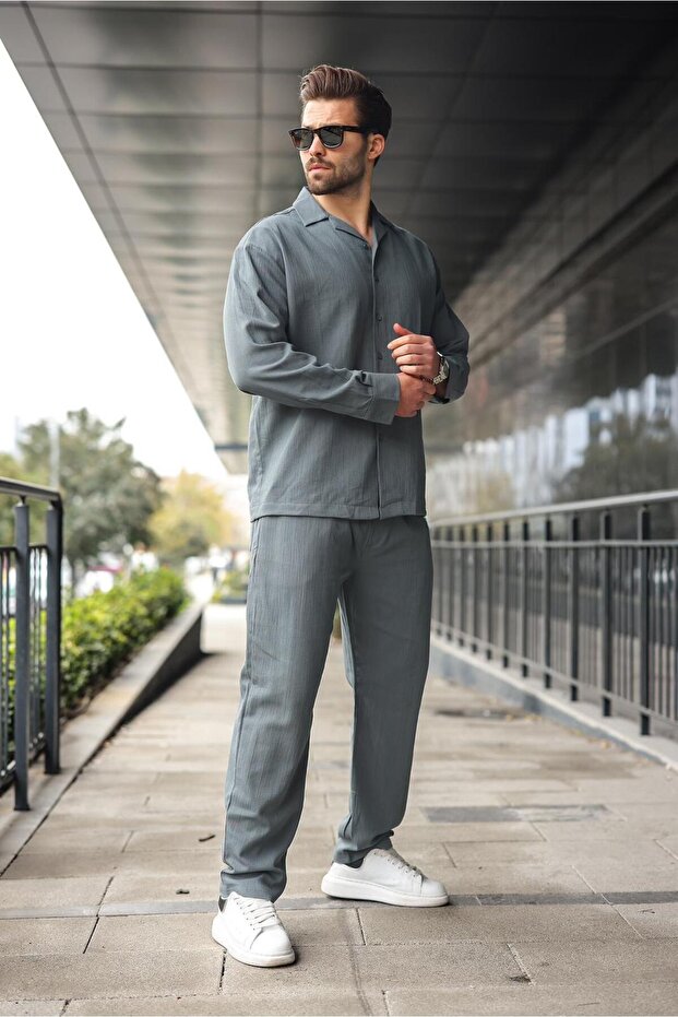 طقم قميص وبنطلون رجالي أساسي بأزرار مدخنة E7335 - 3