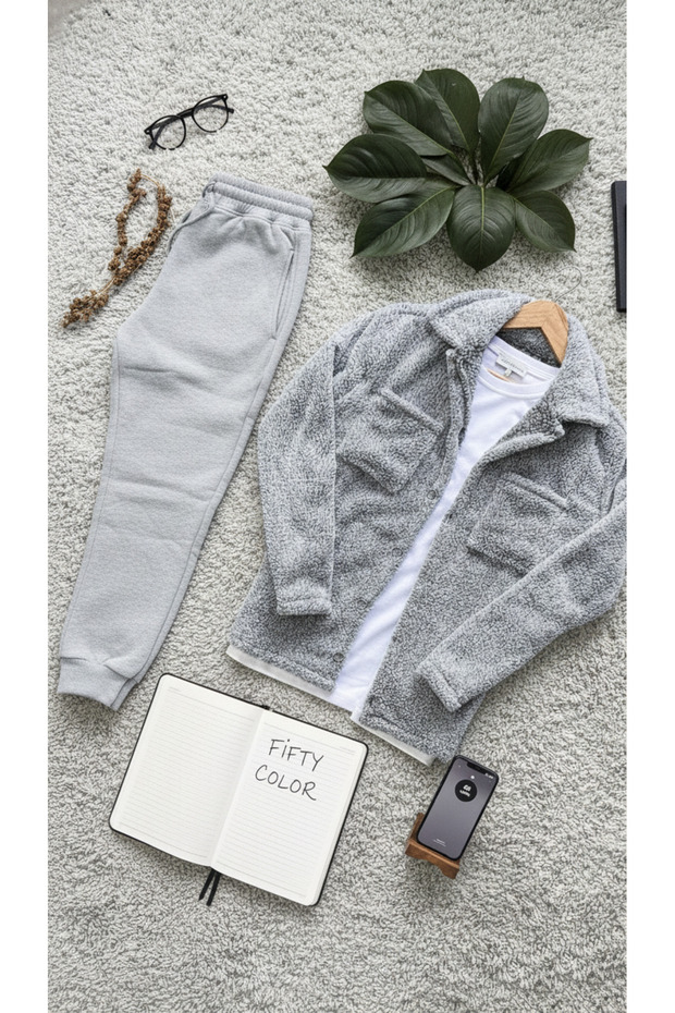 سترة من القطيفة ذات أزرار رمادية + مجموعة سروال رياضي رمادي - 1