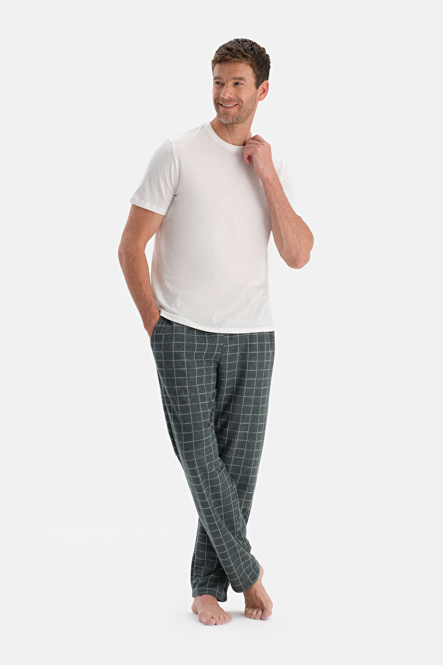 Yeşil Ekoseli Örme Pantolon - 1