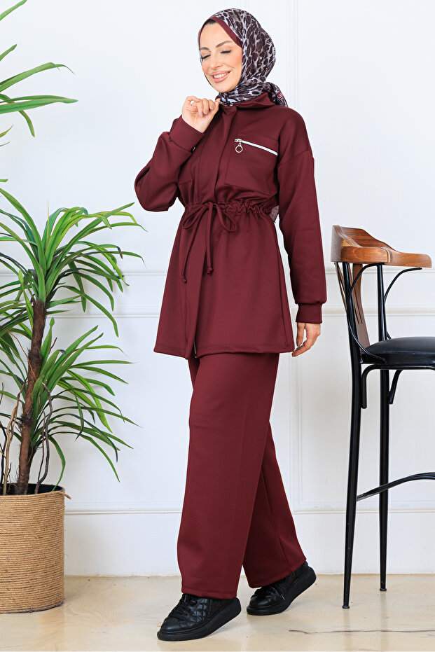 Drawstring Waist Zippered Scuba Suit N5329 Burgundy