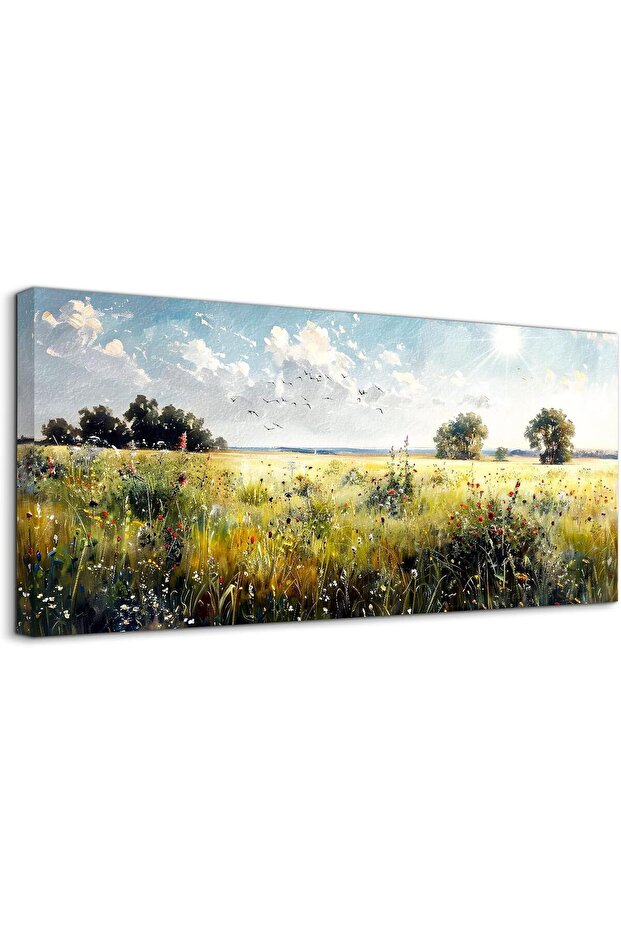Rustic Landscape Framed Canvas Wall Art(50x100 cm) – Meadow Wildflower Country Scene