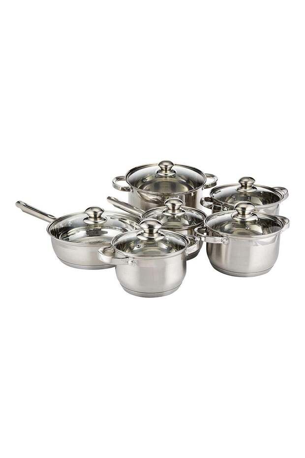 Stainless Steel 12-Piece Cookware Set - Casserole, Saucepan, Fry Pan | Heavy Duty With Stainl