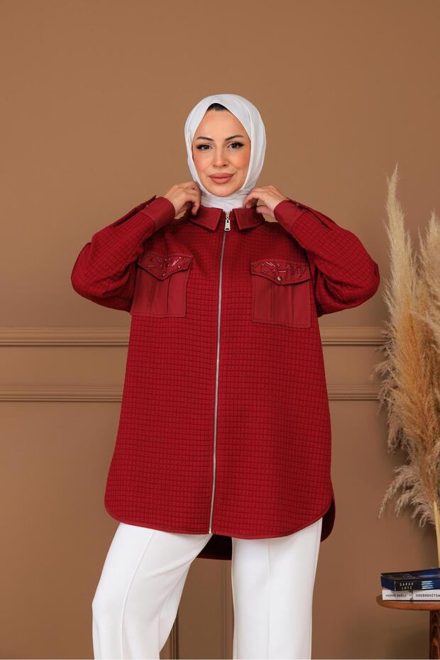 TAŞ DETAYLI FERMUARLI KAPİTONE GÖMLEK - 4