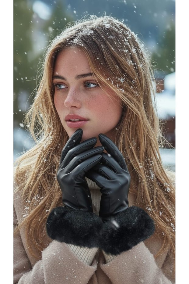Women's Gloves with Faux Leather Fur Detail