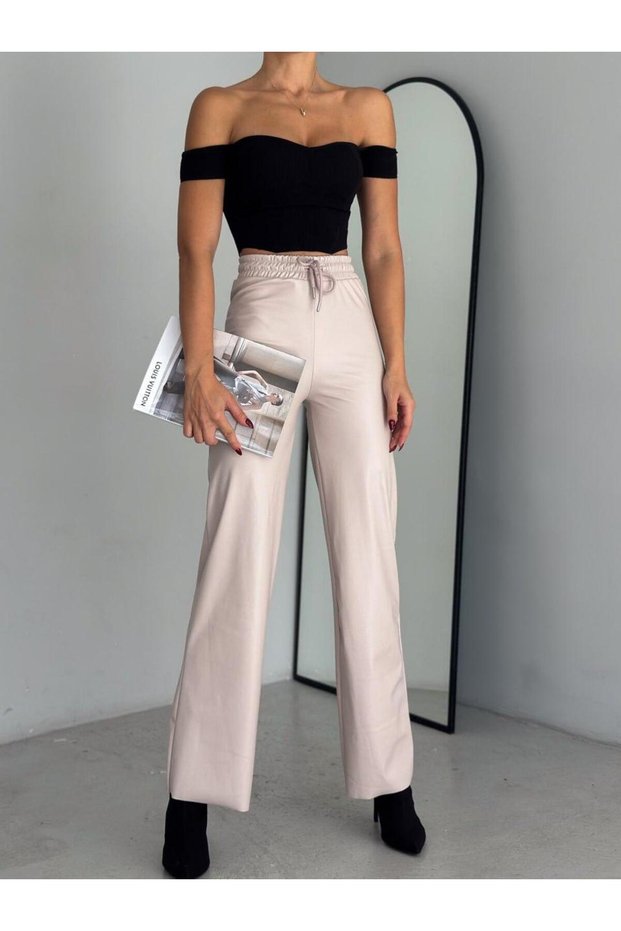 Women's Cream Lace Detailed Straight Leg Inside Fleece-Lined High Waist L Stretch Fabric Wide Leg Leather Pants Leggings