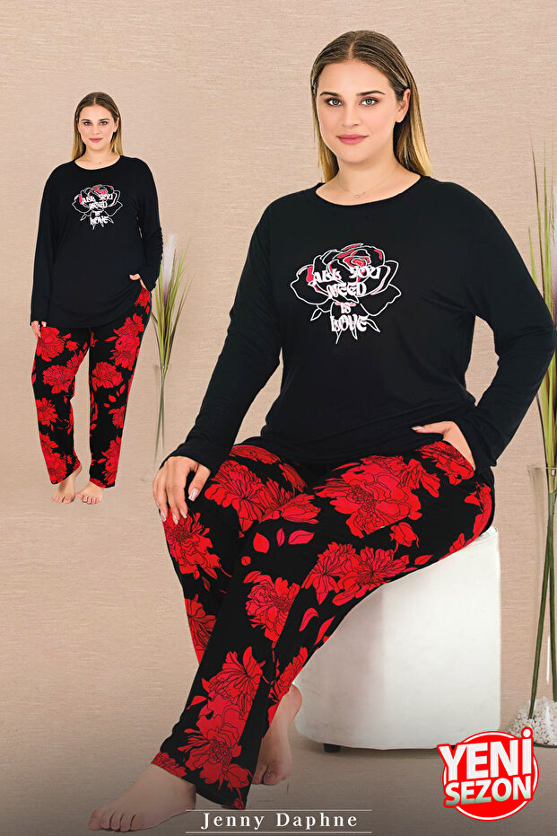 Rose Pattern Soft Pajamas Long Sleeve Plus Size Viscose Fabric Pajama Set 11386