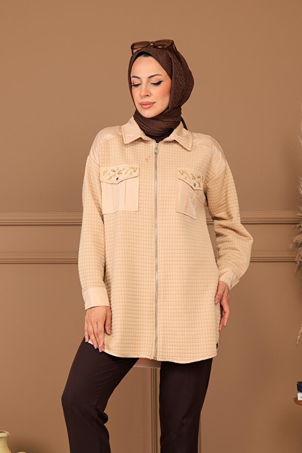 TAŞ DETAYLI FERMUARLI KAPİTONE GÖMLEK - 2