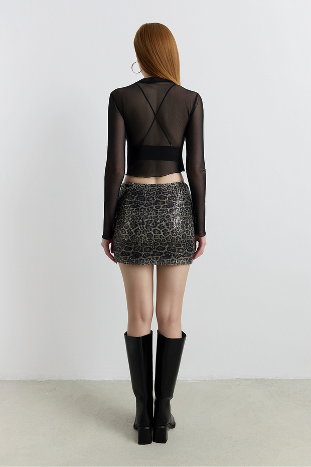 Pullu Leopar Desenli Şort Etek - 3
