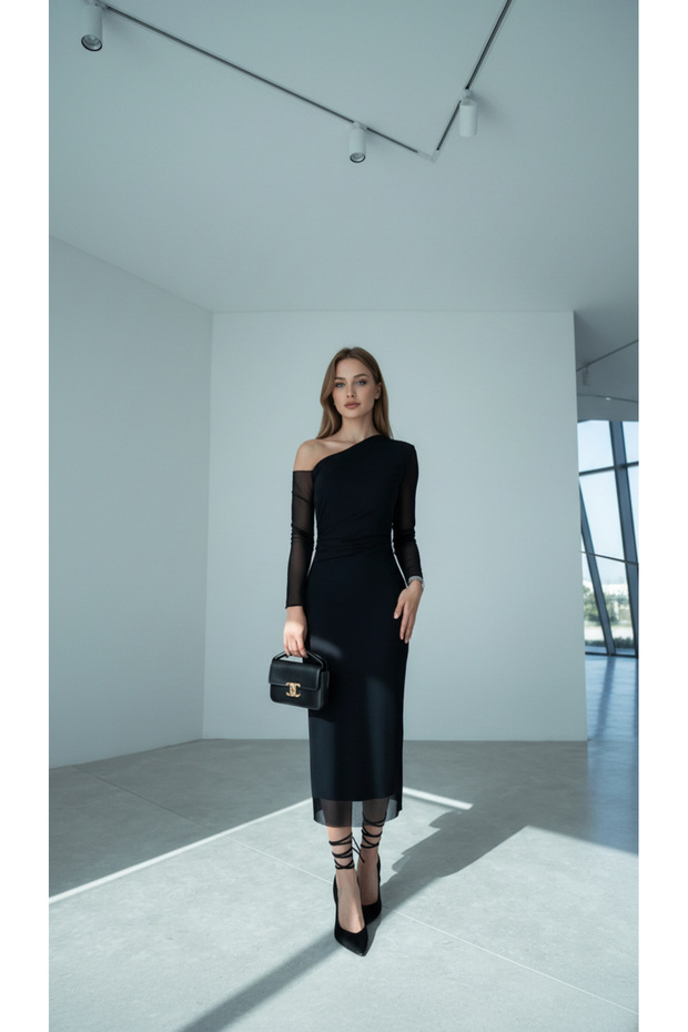 Tül omzu açık elbise - 1