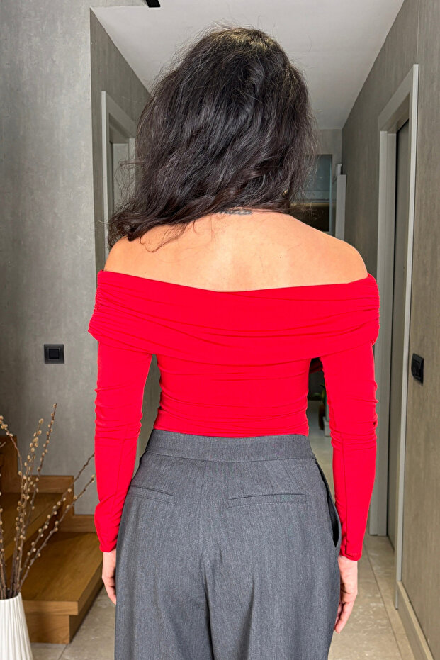 Kırmızı Kruvaze Drape Yaka Bluz - 2