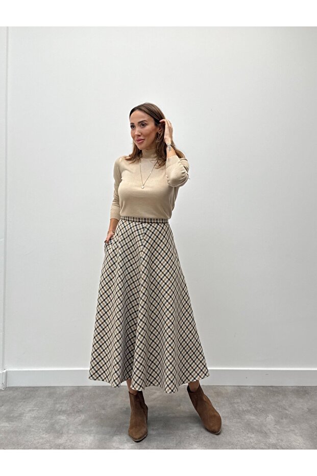 Kareli Katlı Premium Etek - 2