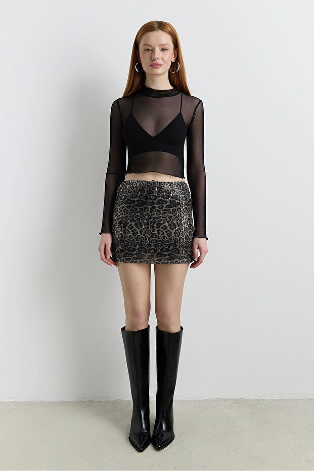 Pullu Leopar Desenli Şort Etek - 1