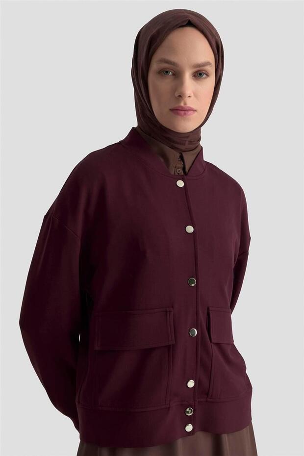 Zımbalı Örme Ceket 25KD4032 Mürdüm - 4