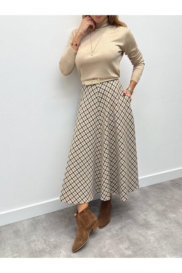 Kareli Katlı Premium Etek - 3