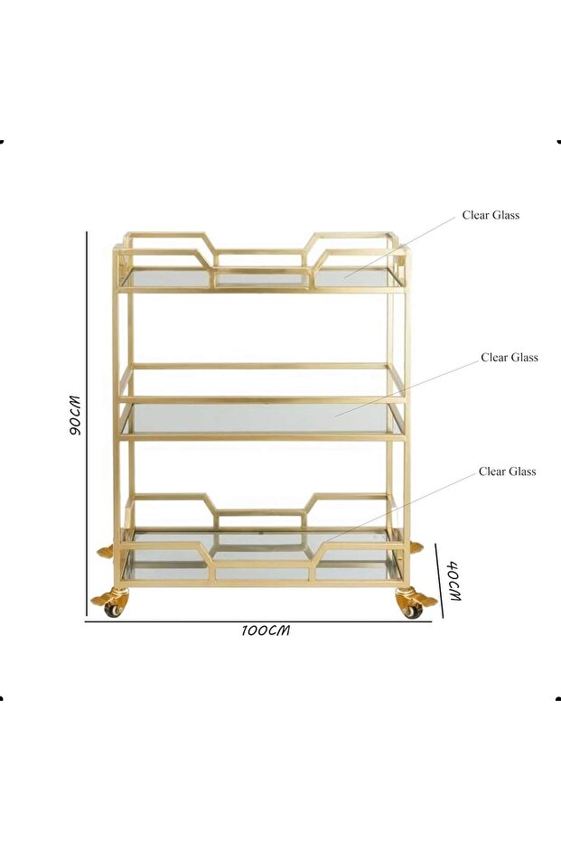 FFD Bar Cart Metal Serving Trolley with Clear Glass Shelves (Gold, 100 cm)