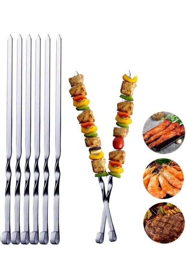 YU WELL Pack of 6 Stainless Steel Flat Barbecue Skewers, 60 cm