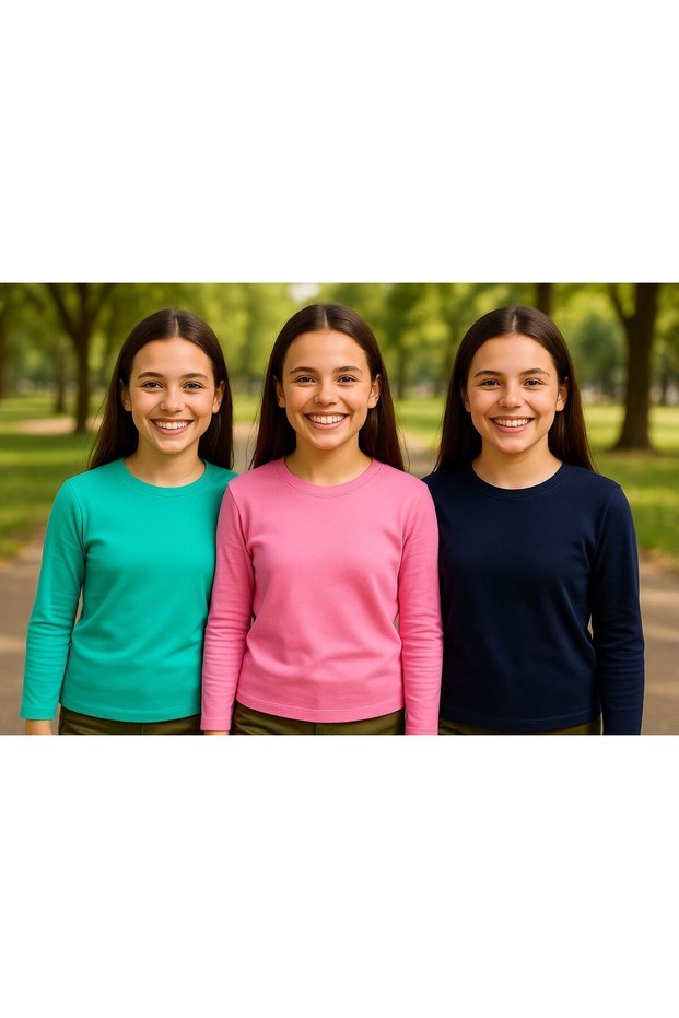 Uzunkolbodyi̇çlik m Transitional Girls' Long Sleeve T-Shirt for Boys Badi 3 Pieces Turquoise Pink Navy Blue